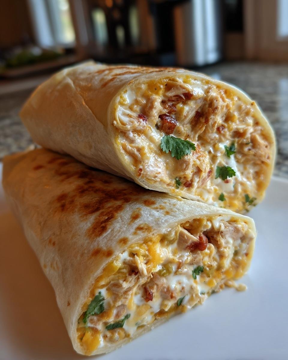 Nahaufnahme von zwei H&auml;lften Smoked Chicken Green Chile Burritos, gef&uuml;llt mit H&auml;hnchen, K&auml;se und cremiger Sauce.