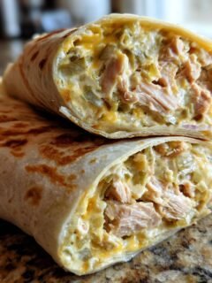 Nahaufnahme von zwei H&auml;lften Smoked Chicken Green Chile Burritos mit cremiger F&uuml;llung und ger&ouml;stetem Tortilla-Mantel.