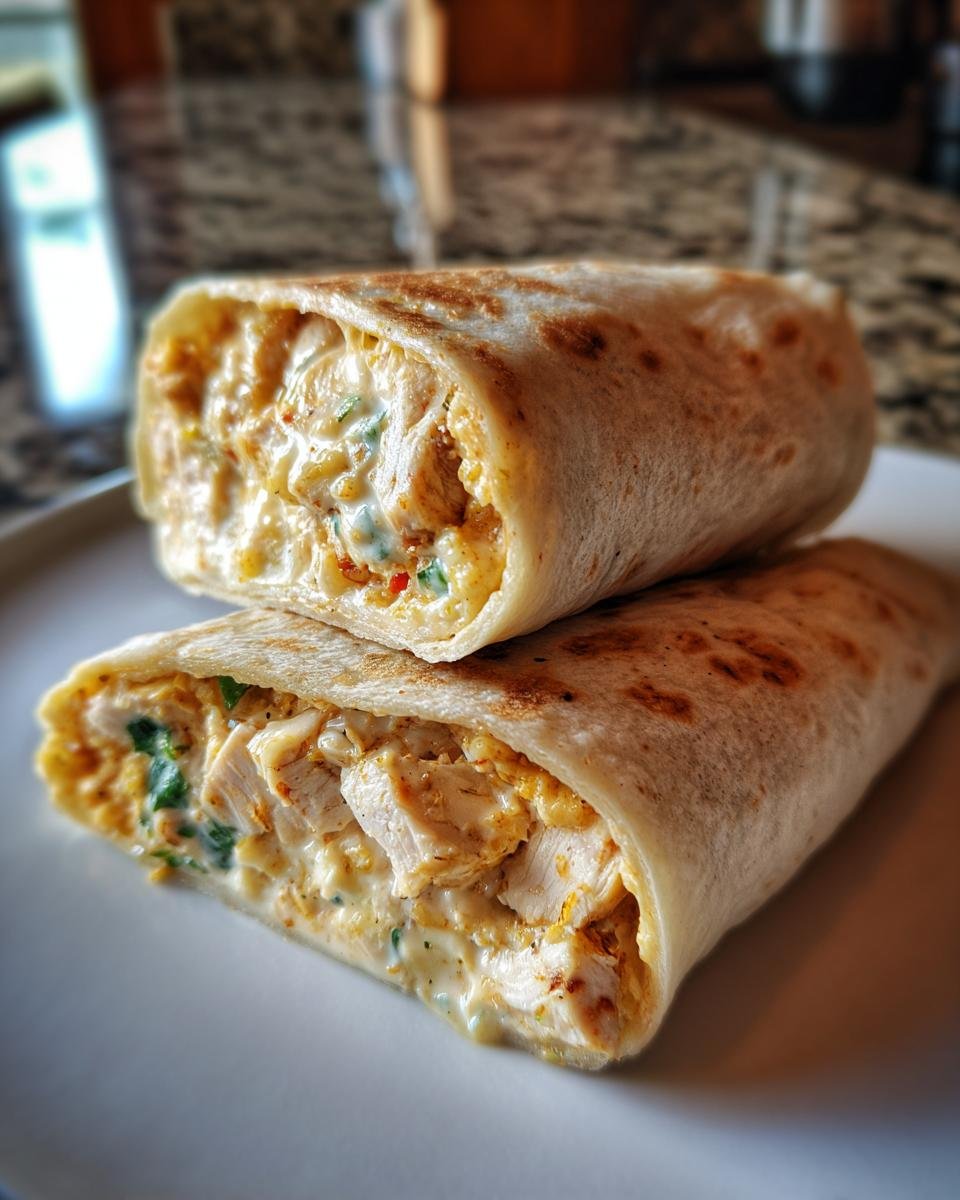 Zwei H&auml;lften von Smoked Chicken Green Chile Burritos, gef&uuml;llt mit cremiger Sauce und H&auml;hnchenst&uuml;cken.