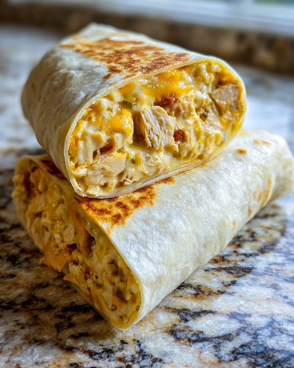 Nahaufnahme von zwei H&auml;lften Smoked Chicken Green Chile Burritos, gef&uuml;llt mit H&auml;hnchenst&uuml;cken und geschmolzenem K&auml;se.