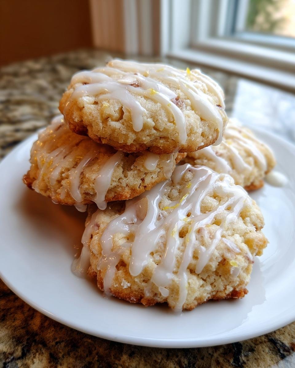 Nahaufnahme von gestapelten Soft Sweet Italian Almond Ricotta Cookies mit Zitronenglasur auf einem wei&szlig;en Teller.