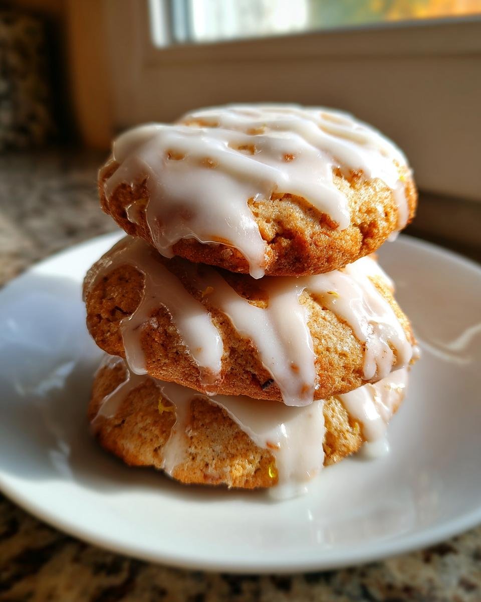 Drei gestapelte Soft Sweet Italian Almond Ricotta Cookies mit wei&szlig;em Zuckerguss auf einem wei&szlig;en Teller.
