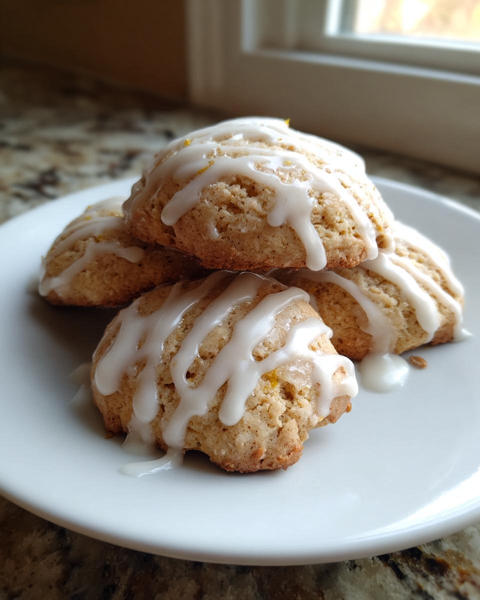 Stapel von Soft Sweet Italian Almond Ricotta Cookies mit wei&szlig;em Zitronenguss auf einem wei&szlig;en Teller.
