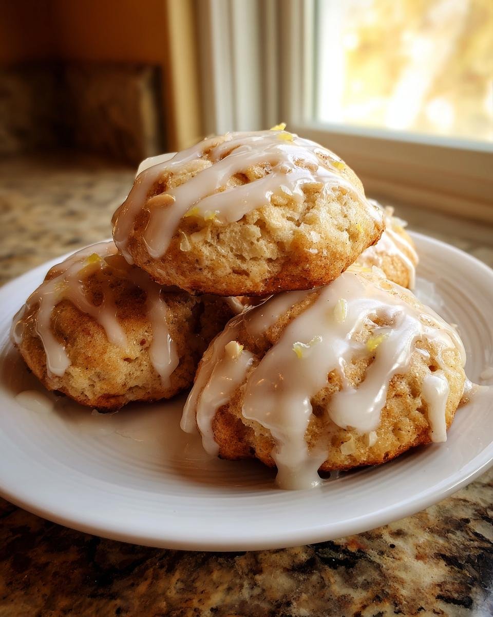 Stapel von Soft Sweet Italian Almond Ricotta Cookies, bedeckt mit einem dicken Zitronenglasur.