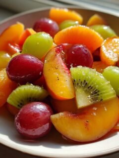 Nahaufnahme eines bunten Sommer Pfirsich Obstsalat mit Orangen, Kiwi und Trauben.