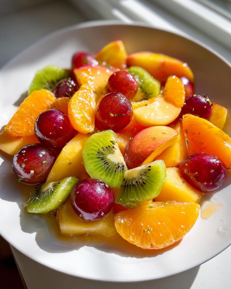 Nahaufnahme eines bunten Sommer Pfirsich Obstsalat mit Trauben, Kiwi und Orangenst&uuml;cken in hellem Licht.