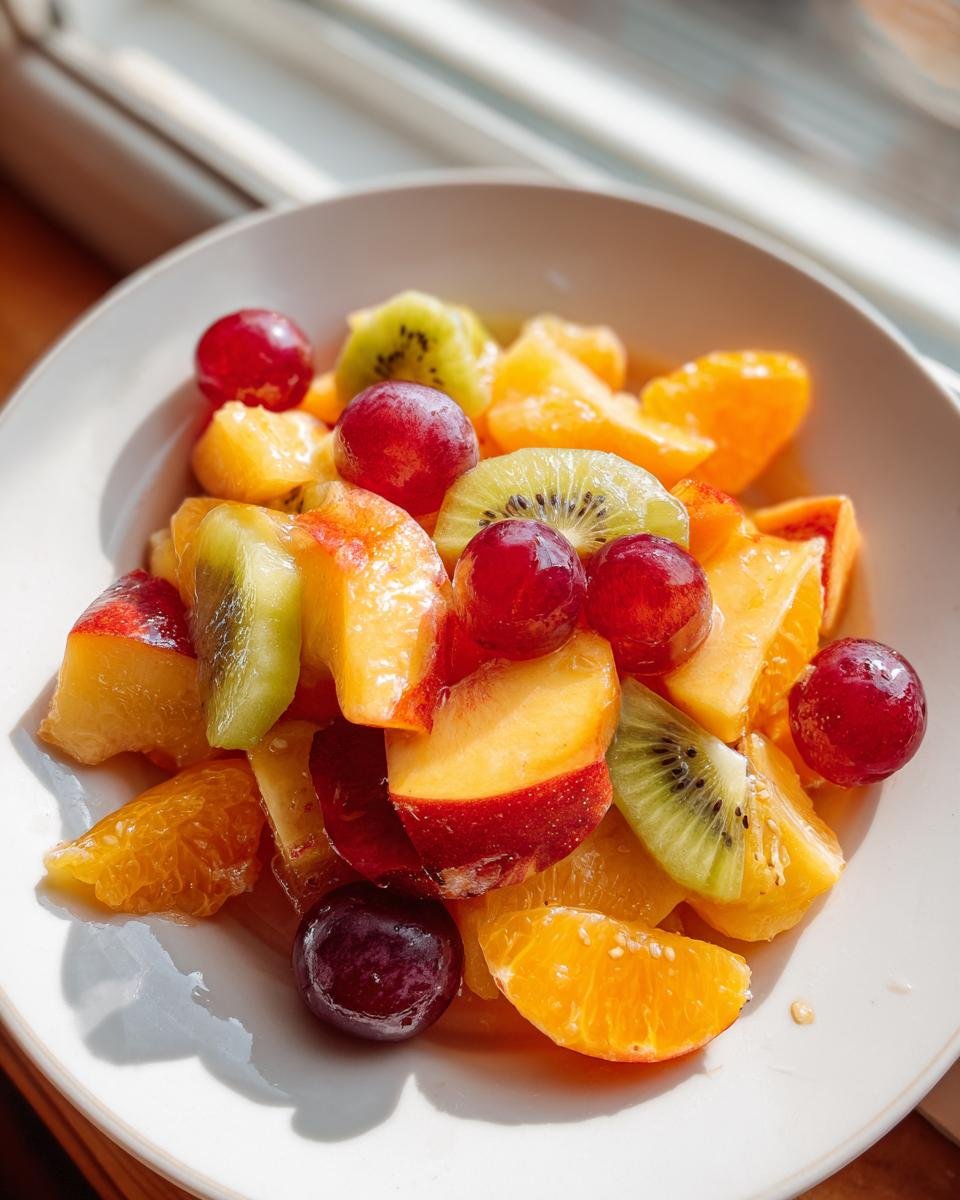 Nahaufnahme eines bunten Sommer Pfirsich Obstsalat mit Pfirsichen, Kiwis, Orangen und Trauben in einer wei&szlig;en Schale.