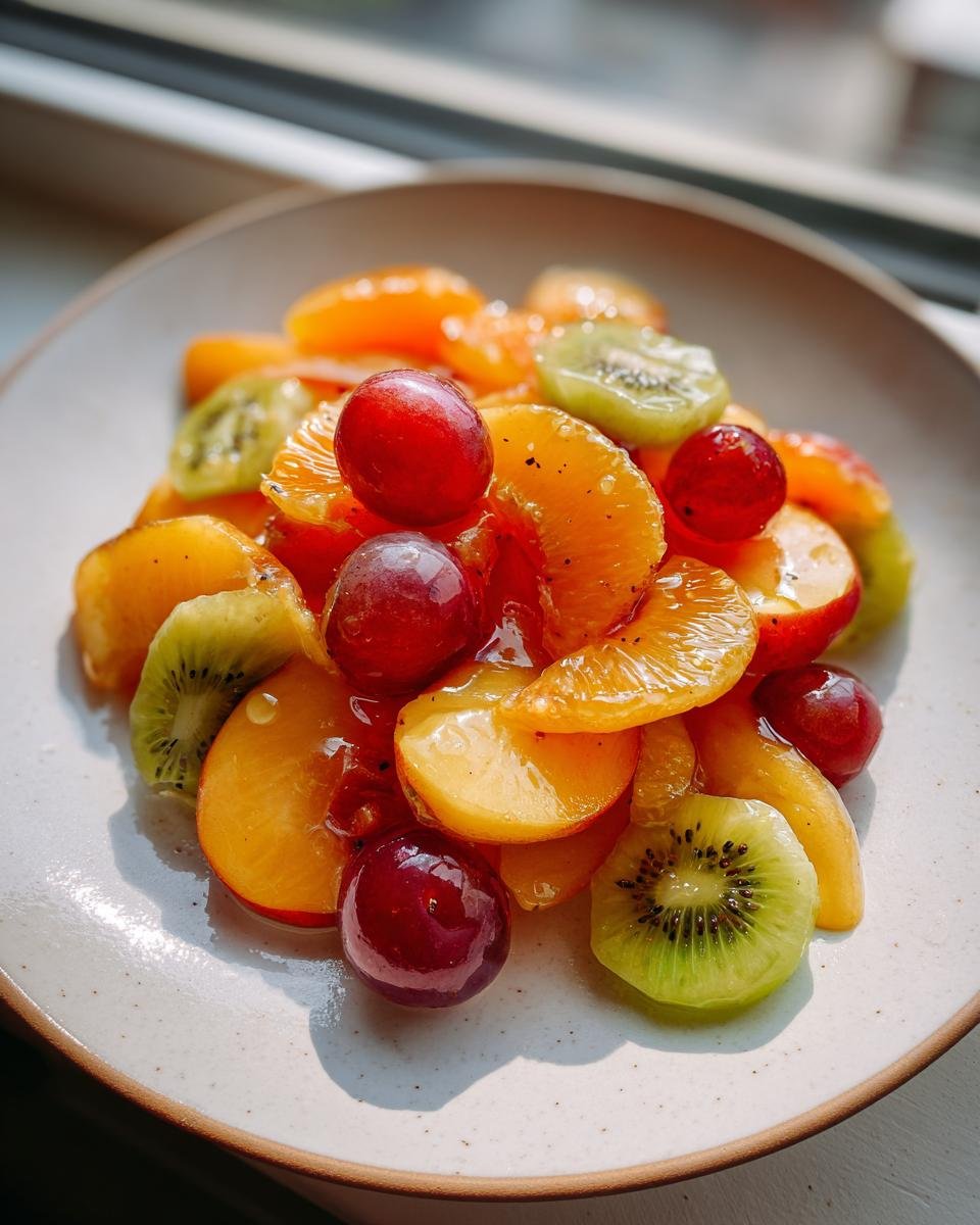 Nahaufnahme eines Sommers Pfirsich Obstsalat mit Orangen, Kiwis und roten Trauben auf einem hellen Teller.
