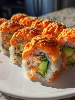 Reihe von Spicy Volcano Roll Sushi St&uuml;cken mit Avocado und scharfer oranger Sauce auf einem wei&szlig;en Teller.