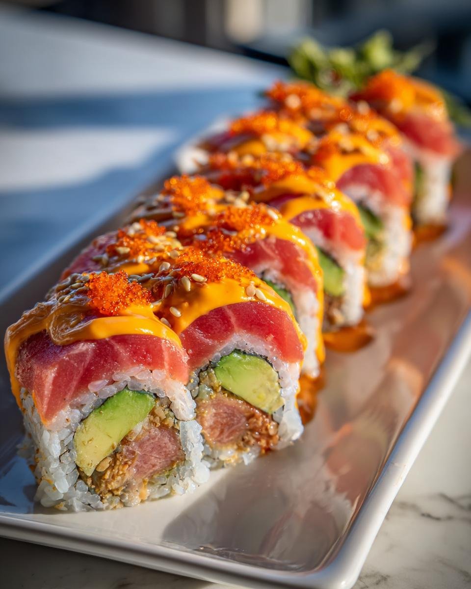 Reihe von aufgeschnittenen Spicy Volcano Roll Sushi St&uuml;cken mit Thunfisch, Avocado und scharfer Sauce.