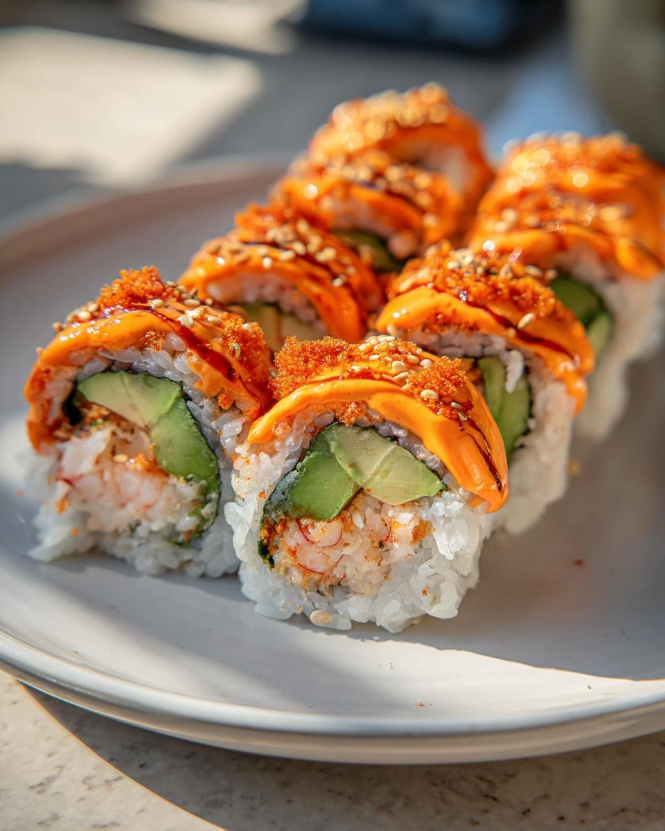 Nahaufnahme von mehreren St&uuml;cken Spicy Volcano Roll Sushi mit Avocado, Garnelen und scharfer oranger Sauce.