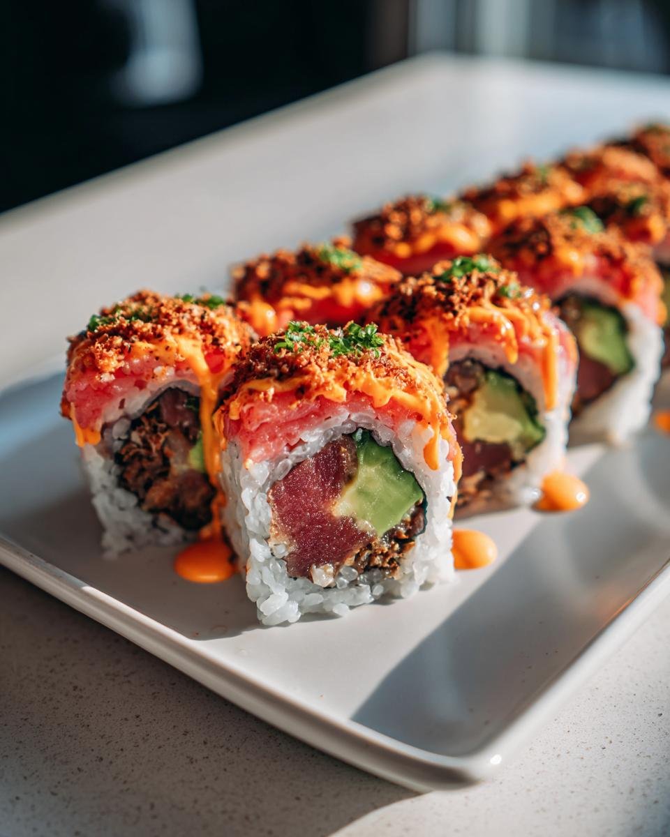 Nahaufnahme von mehreren St&uuml;cken Spicy Volcano Roll Sushi mit rohem Thunfisch, Avocado und scharfer Sauce.