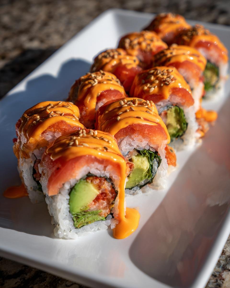 Nahaufnahme von Spicy Volcano Roll Sushi, bedeckt mit Lachs, scharfer Sauce und Sesam auf einem wei&szlig;en Teller.