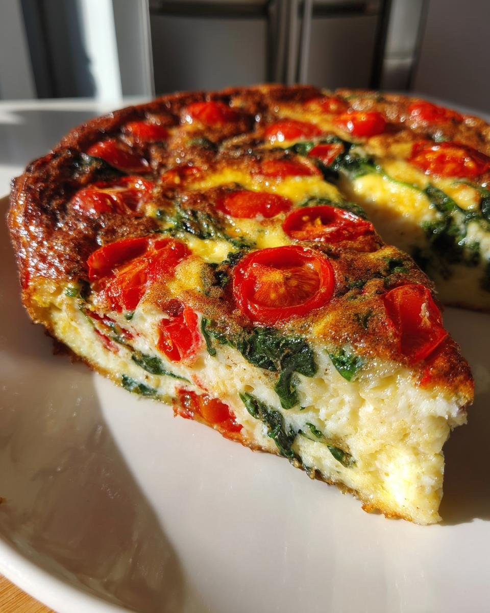 Nahaufnahme eines angeschnittenen Spinat Tomaten Frittata mit gebackenen Kirschtomaten und Spinat.