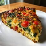 Nahaufnahme eines St&uuml;cks Spinat Tomaten Frittata mit gebackenen Kirschtomaten und Spinat auf einem wei&szlig;en Teller.