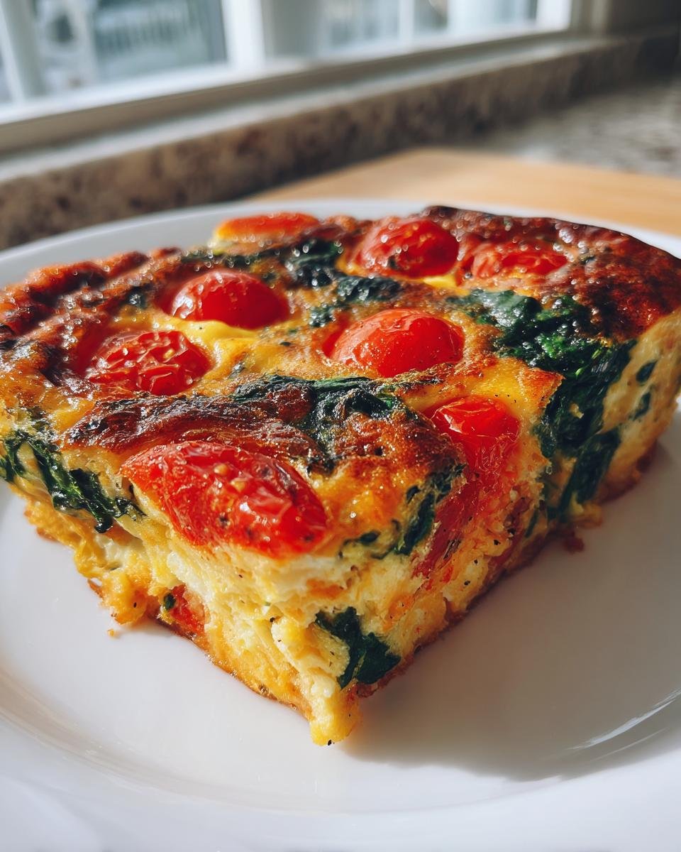 Ein St&uuml;ck saftige Spinat Tomaten Frittata mit gebackenen Kirschtomaten auf einem wei&szlig;en Teller.