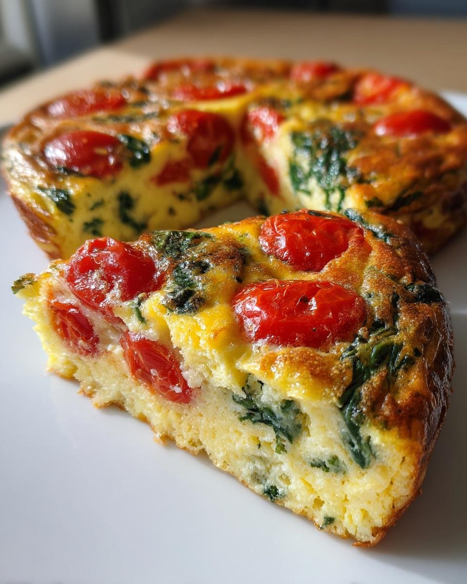 Nahaufnahme eines St&uuml;cks Spinat Tomaten Frittata mit sichtbaren Kirschtomaten und Spinat auf einem wei&szlig;en Teller.