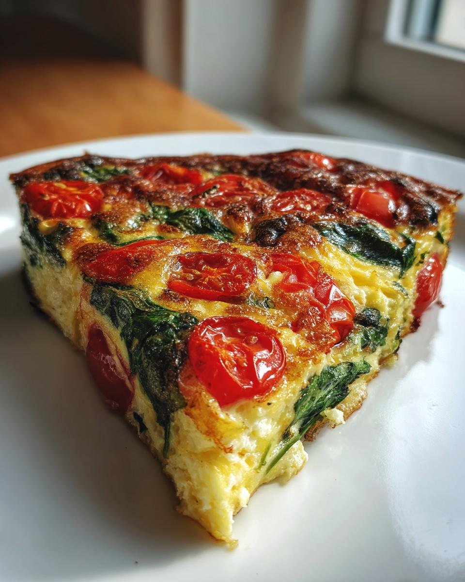 Nahaufnahme eines dreieckigen St&uuml;cks Spinat Tomaten Frittata mit gebackenen Kirschtomaten auf einem wei&szlig;en Teller.