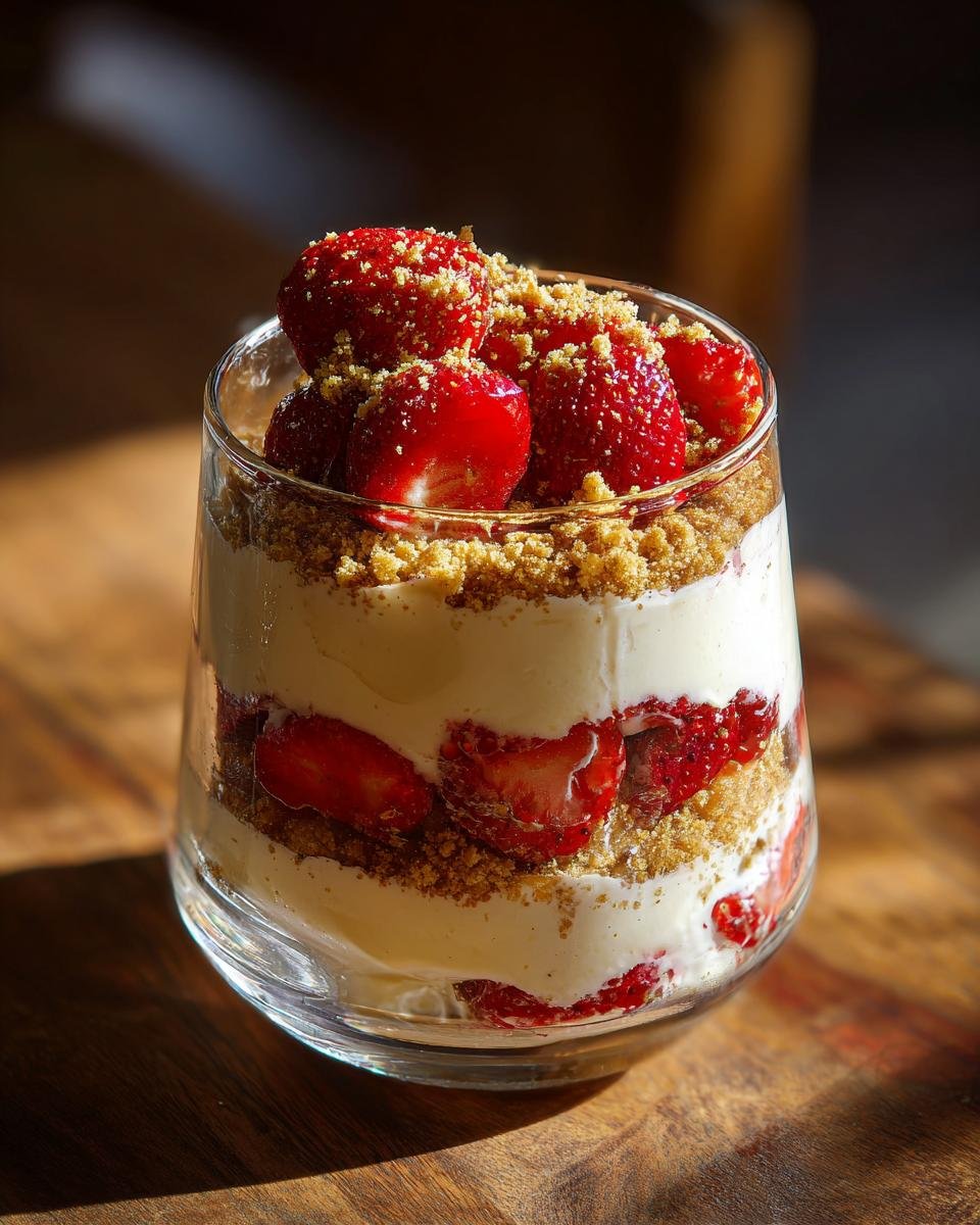 Nahaufnahme von geschichteten Strawberry Lemon Cheesecake Parfaits mit Creme, Keksboden und frischen Erdbeeren.