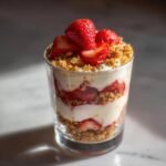 Nahaufnahme von geschichteten Erdbeer-Zitronen-Cheesecake-Parfaits mit Keksbr&ouml;seln und frischen Erdbeeren obenauf.