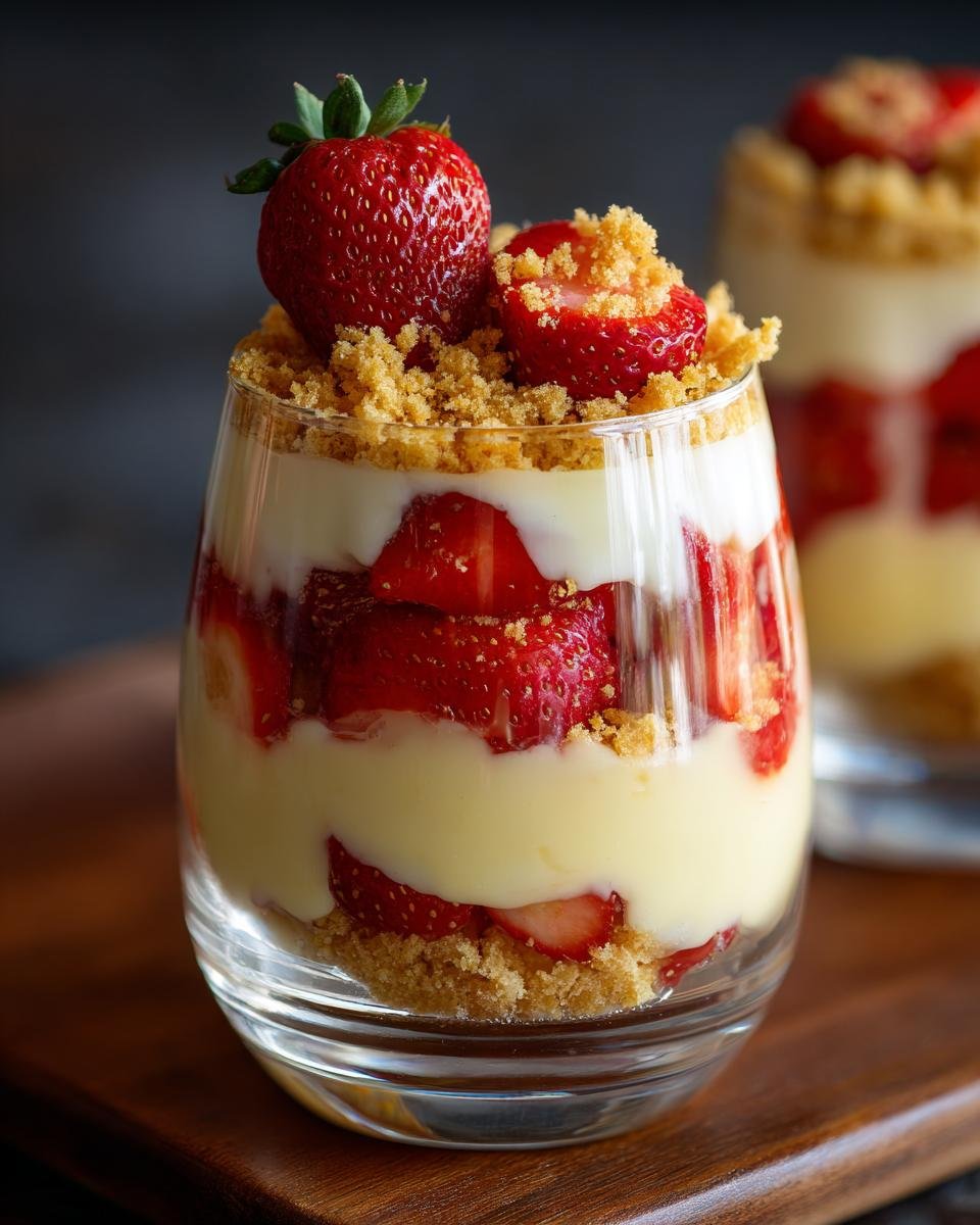 Nahaufnahme von geschichteten Strawberry Lemon Cheesecake Parfaits mit frischen Erdbeeren und Keksstreuseln.