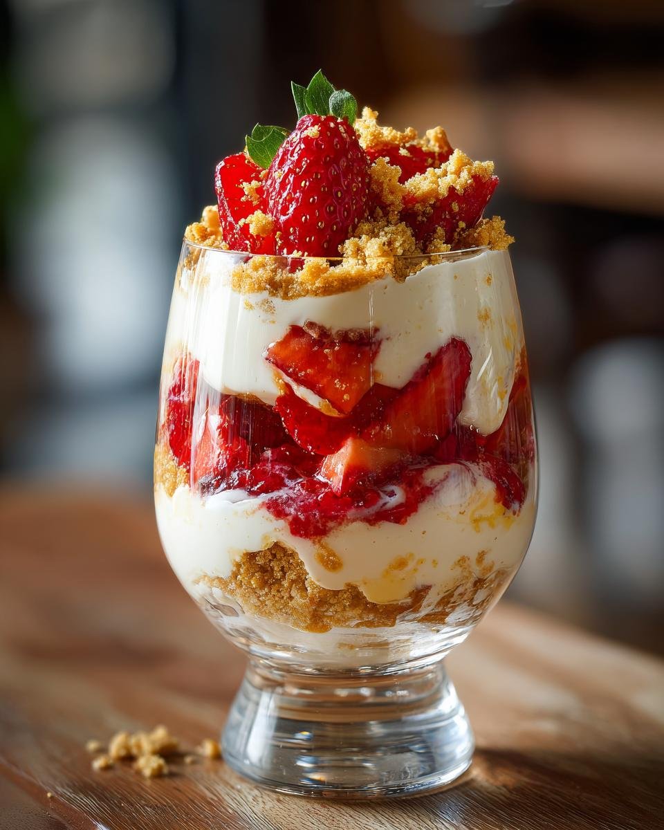 Nahaufnahme von geschichteten Erdbeer-Zitronen-Cheesecake-Parfaits mit Keksbr&ouml;seln und frischen Erdbeeren.