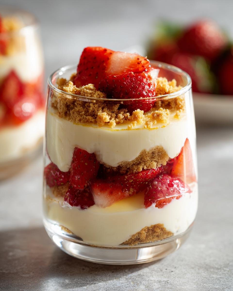 Nahaufnahme eines Strawberry Lemon Cheesecake Parfaits mit Schichten aus Creme, Erdbeeren und Keksbr&ouml;seln.