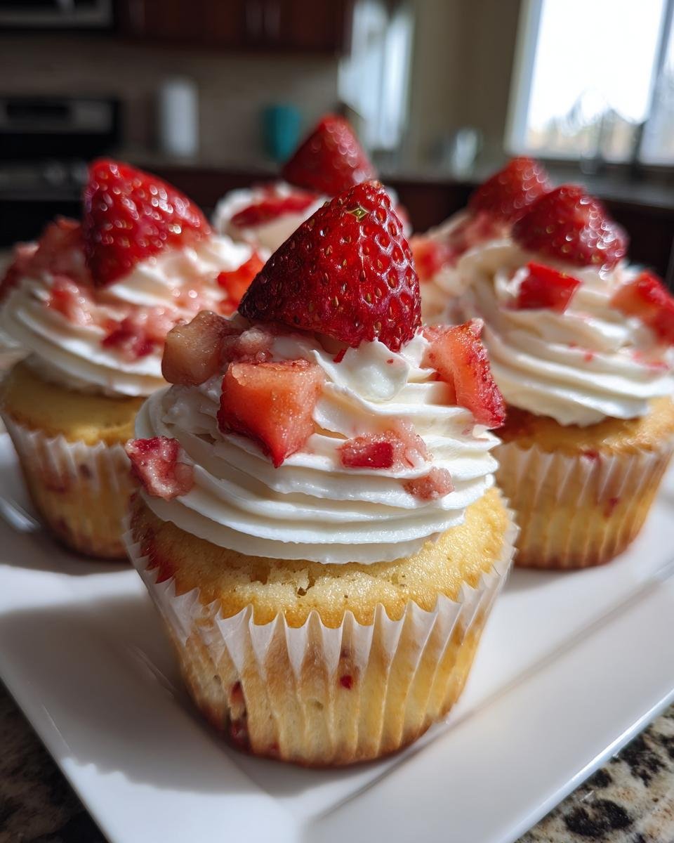 Nahaufnahme von mehreren Strawberry Shortcake Cupcakes mit wei&szlig;er Creme und frischen Erdbeerst&uuml;cken.