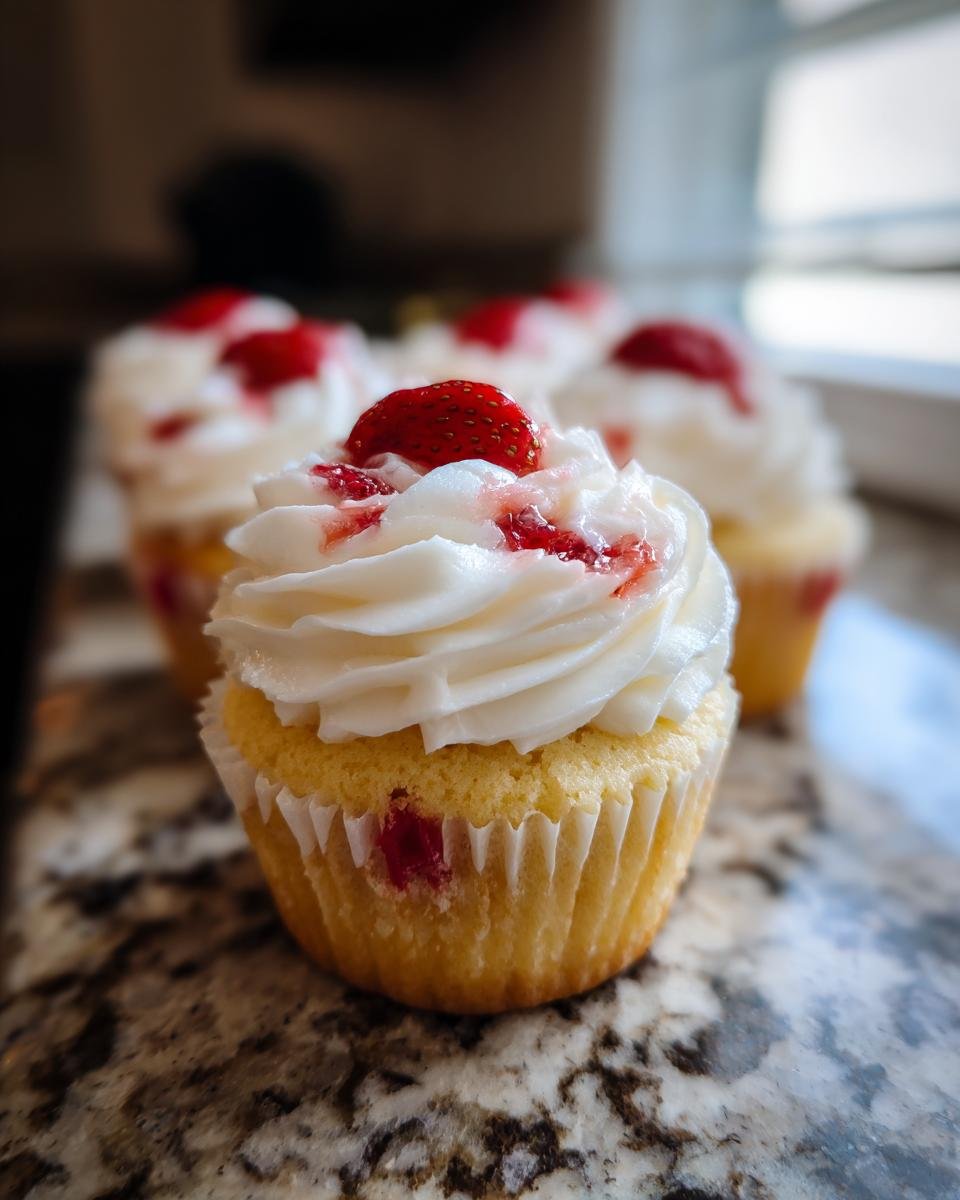 Nahaufnahme eines dekorierten Strawberry Shortcake Cupcakes mit wei&szlig;er Creme und frischer Erdbeere.