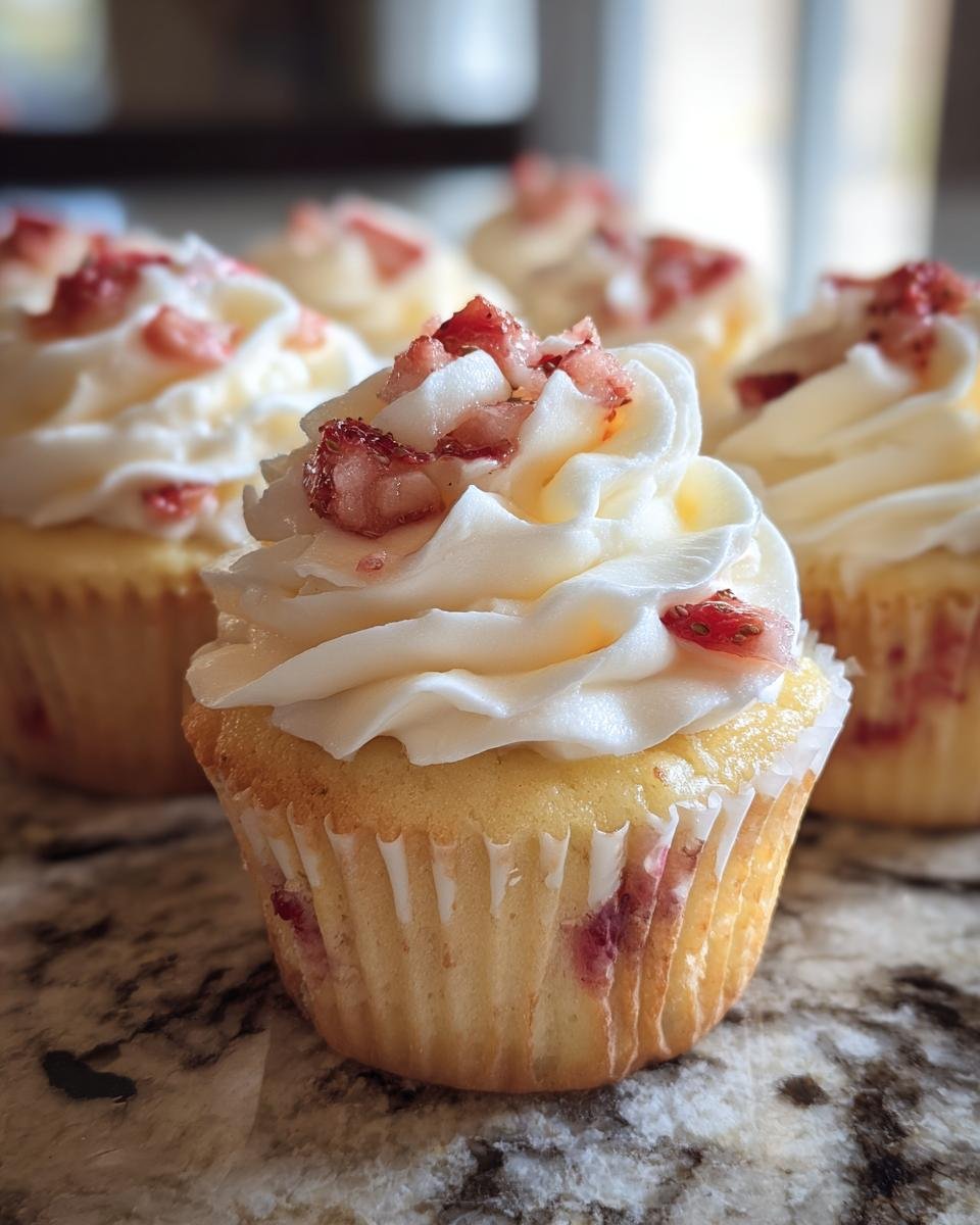 Nahaufnahme eines Strawberry Shortcake Cupcakes mit wei&szlig;em Frosting und gehackten Erdbeeren.