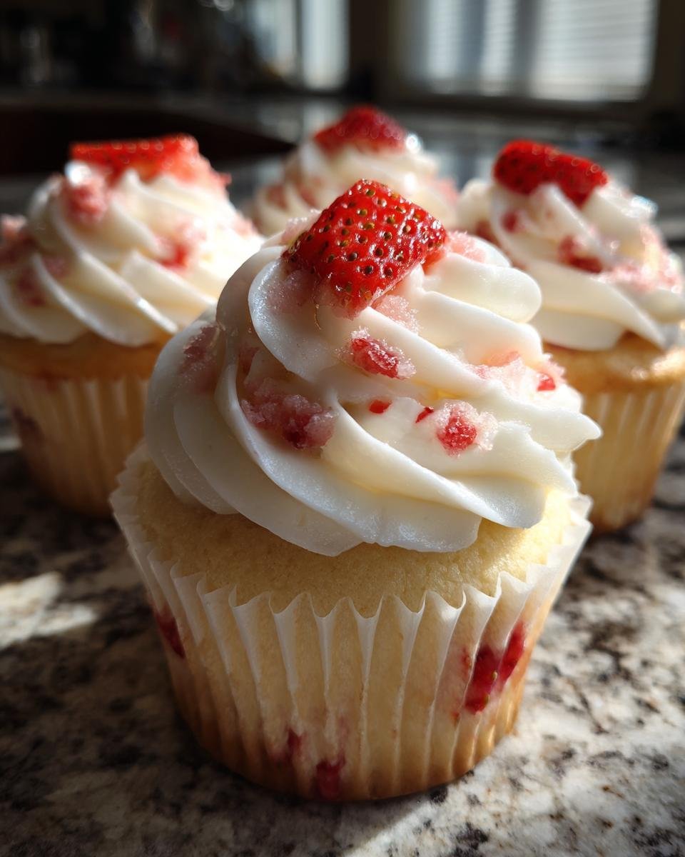 Drei k&ouml;stliche Strawberry Shortcake Cupcakes mit wei&szlig;em Frosting und frischen Erdbeerst&uuml;cken.