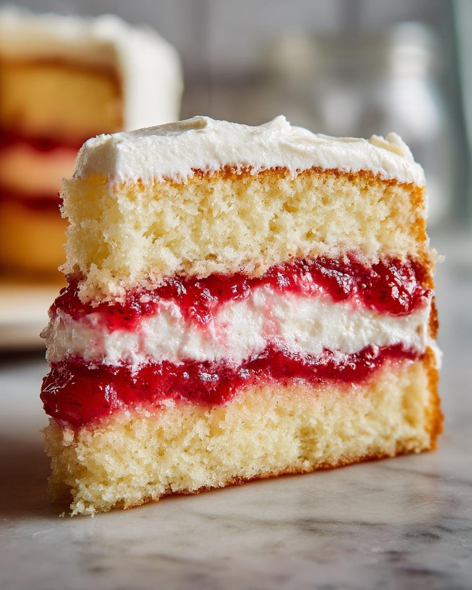 Nahaufnahme eines St&uuml;cks Strawberry Vanilla Layer Cake mit Vanilleteig, Erdbeermarmelade und wei&szlig;er Creme.