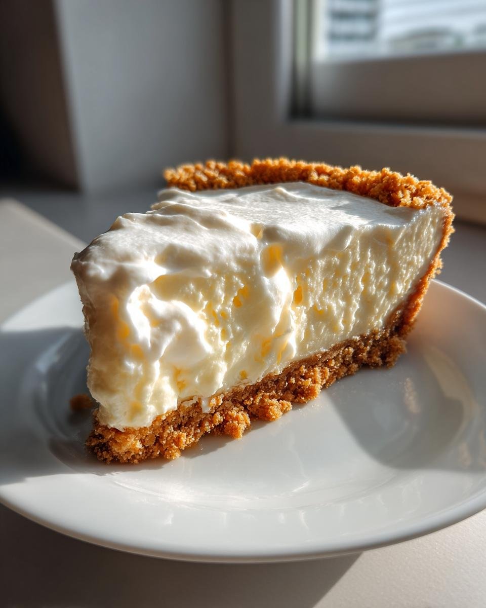 Ein cremiges St&uuml;ck Cheesecake Pie mit dickem Keksboden, serviert auf einem wei&szlig;en Teller im hellen Sonnenlicht.