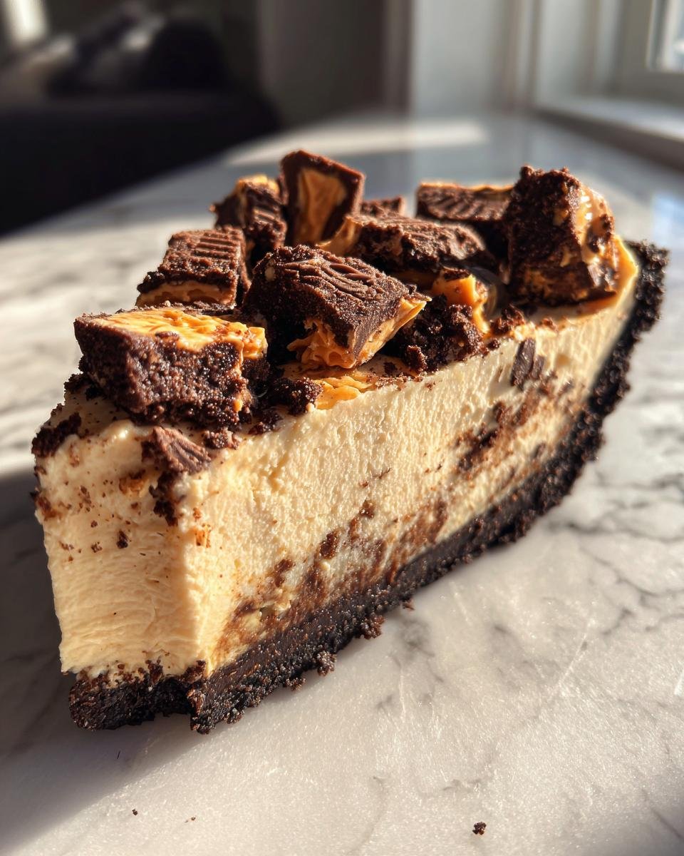 Nahaufnahme eines St&uuml;cks Decadent Butterfinger Peanut Butter Pie mit dunklem Keksboden und Butterfinger-St&uuml;cken obenauf.