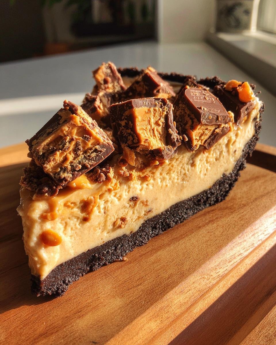 Ein gro&szlig;es St&uuml;ck Decadent Butterfinger Peanut Butter Pie mit dunklem Keksboden und Butterfinger-St&uuml;cken obenauf.