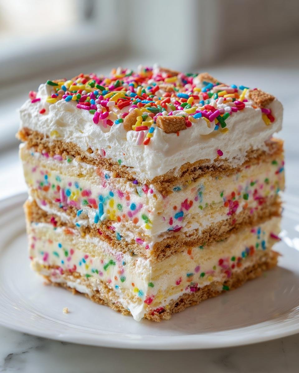 Ein dickes St&uuml;ck Funfetti Icebox Cake mit Schichten aus Creme, Keksen und bunten Streuseln auf einem wei&szlig;en Teller.