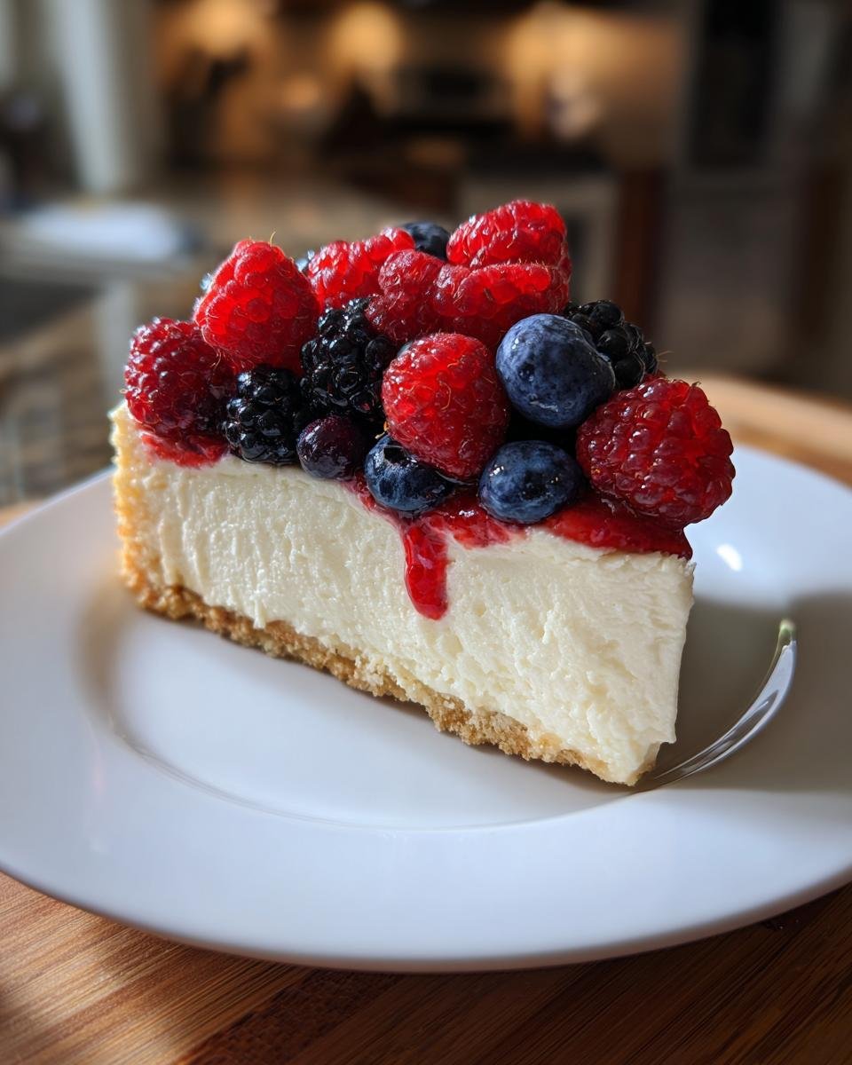 Ein St&uuml;ck cremiger Heavenly Berry Cheesecake mit frischen Himbeeren, Blaubeeren und Brombeeren auf einem wei&szlig;en Teller.