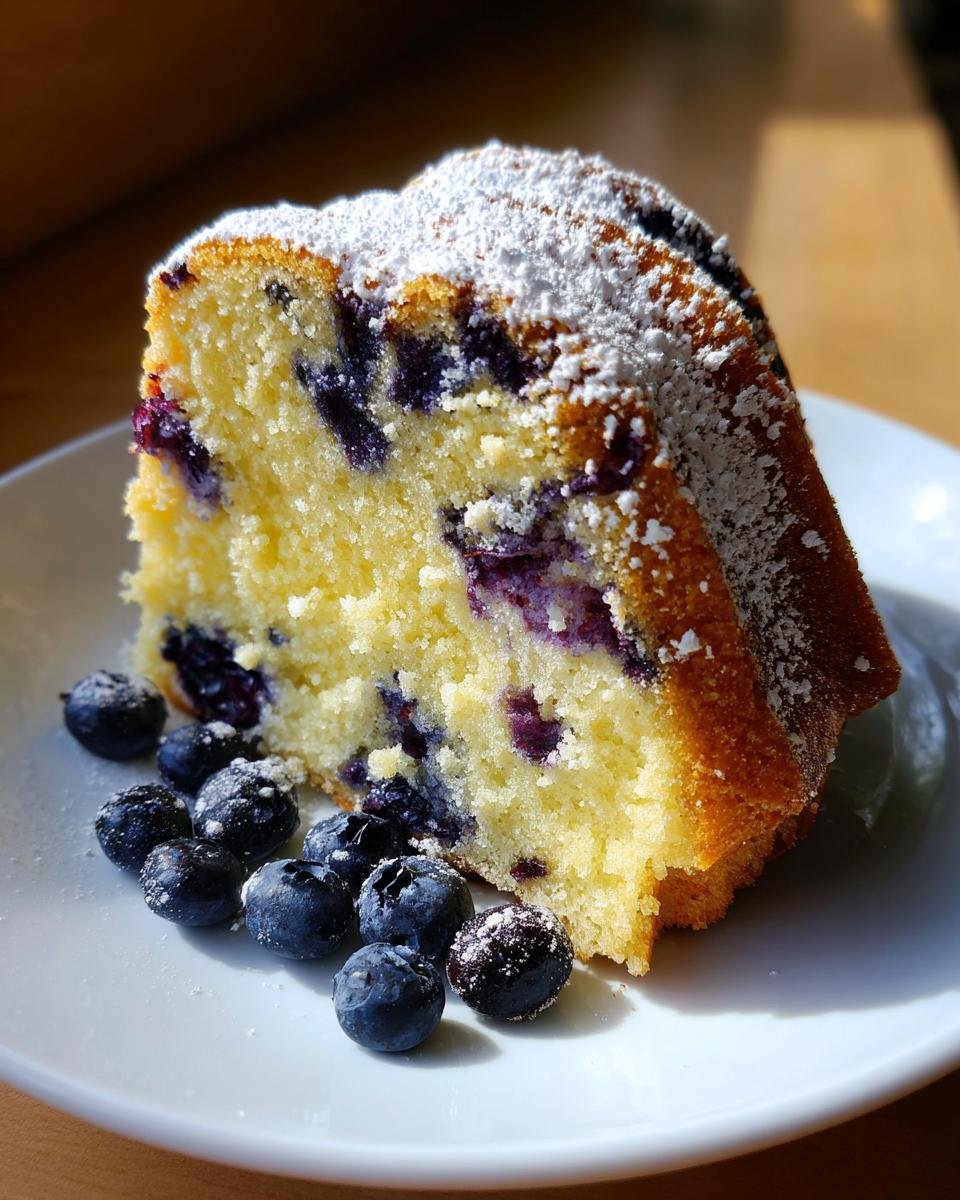 Ein saftiges St&uuml;ck Lemon Blueberry Bundt Cake, best&auml;ubt mit Puderzucker und umgeben von frischen Blaubeeren.
