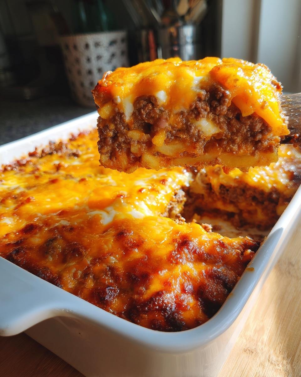 Ein St&uuml;ck Satisfying Cheeseburger French Fry Bake mit geschmolzenem, goldbraunem K&auml;se wird aus der Auflaufform gehoben.