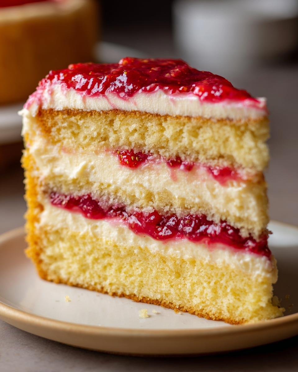 Nahaufnahme eines St&uuml;cks Strawberry Vanilla Layer Cake mit hellgelbem Biskuit, wei&szlig;er Creme und leuchtend roter Erdbeermarmelade.