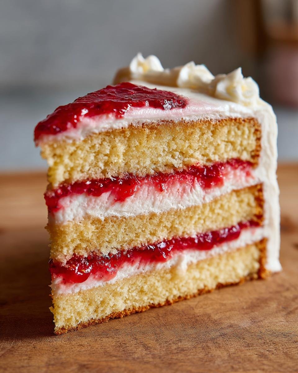 Nahaufnahme eines St&uuml;cks Strawberry Vanilla Layer Cake mit drei B&ouml;den, Vanillecreme und roter Erdbeermarmelade.