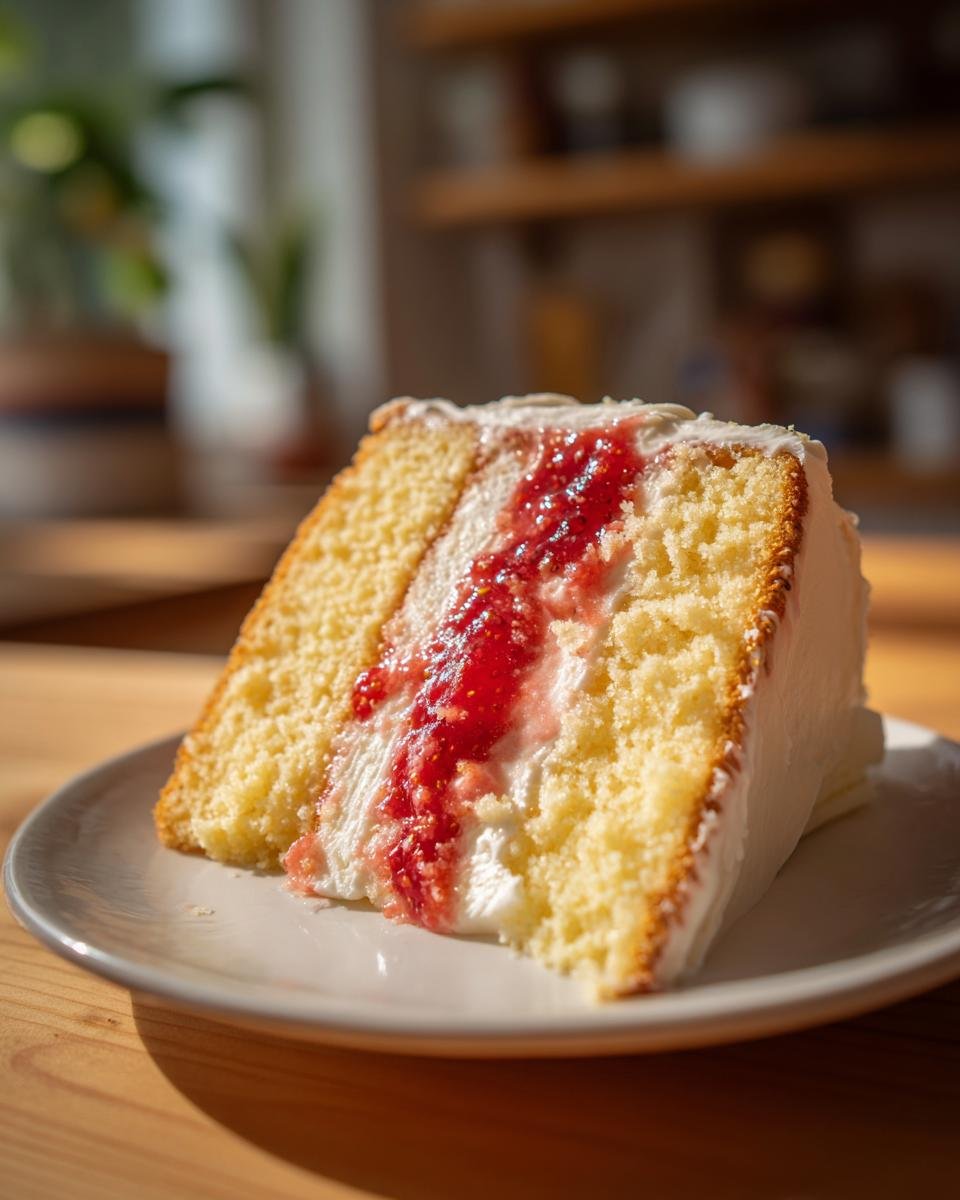 Anschnitt eines saftigen St&uuml;cks Strawberry Vanilla Layer Cake mit Vanillecreme und leuchtend roter Erdbeermarmelade.