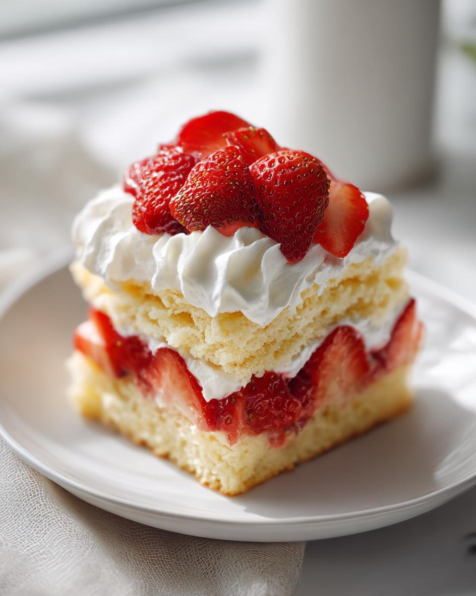 Ein St&uuml;ck Delicious Ultimate Strawberry Shortcake mit Sahne und frischen Erdbeeren auf einem wei&szlig;en Teller.