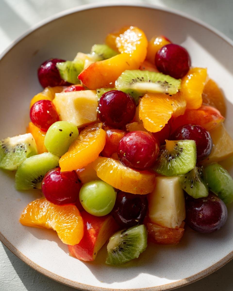 Nahaufnahme eines bunten Summer Peach Fruit Salad mit Pfirsichen, Kiwis, Orangen und Kirschen in einer hellen Sch&uuml;ssel.