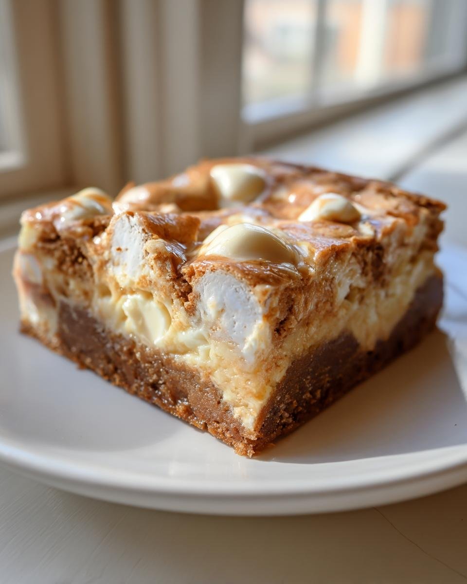 Ein dickes St&uuml;ck Sweet White Chocolate Brownie Pizza mit geschmolzener wei&szlig;er Schokolade und Marshmallows auf einem wei&szlig;en Teller.