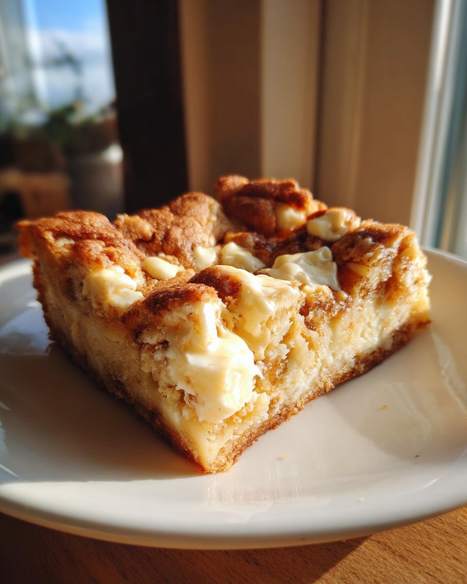 Ein St&uuml;ck der saftigen Sweet White Chocolate Brownie Pizza mit geschmolzenen wei&szlig;en Schokoladenst&uuml;cken auf einem wei&szlig;en Teller.
