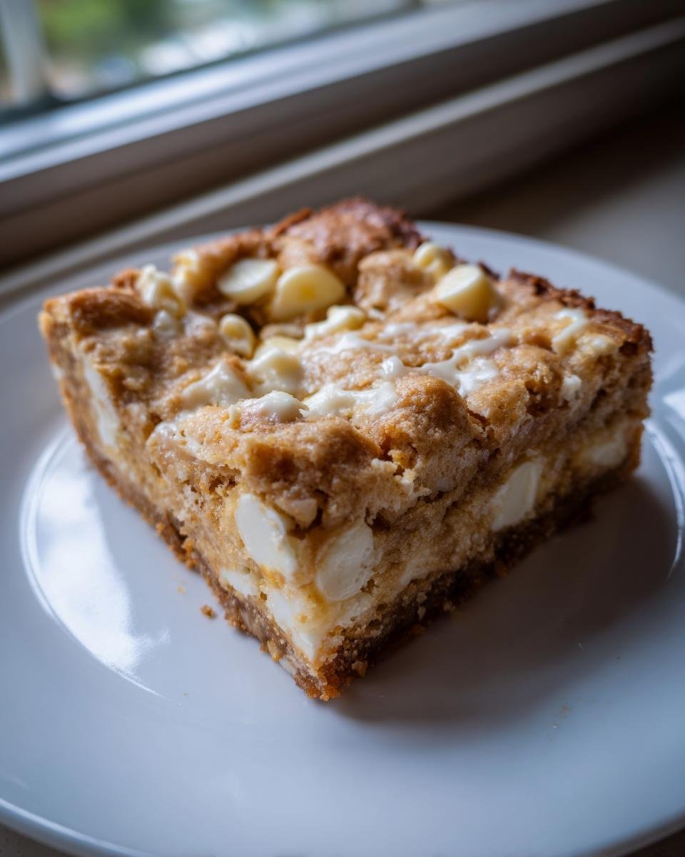 Ein dickes, saftiges St&uuml;ck Sweet White Chocolate Brownie Pizza mit vielen wei&szlig;en Schokoladenst&uuml;ckchen auf einem wei&szlig;en Teller.
