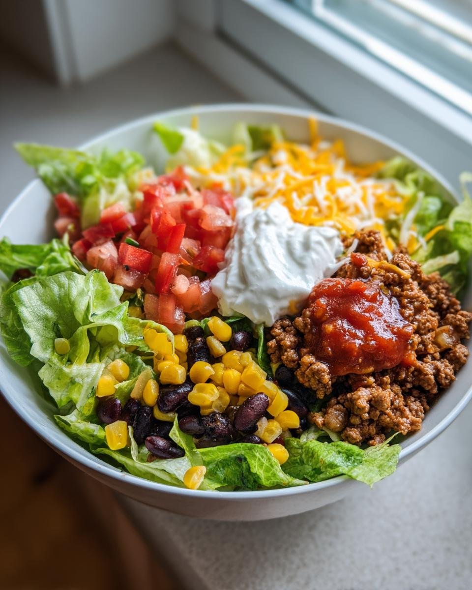 Nahaufnahme einer Sch&uuml;ssel mit einem fertigen Turkey Taco Salad Bowl, belegt mit Salat, Hackfleisch, Mais, Bohnen, K&auml;se und Sauerrahm.