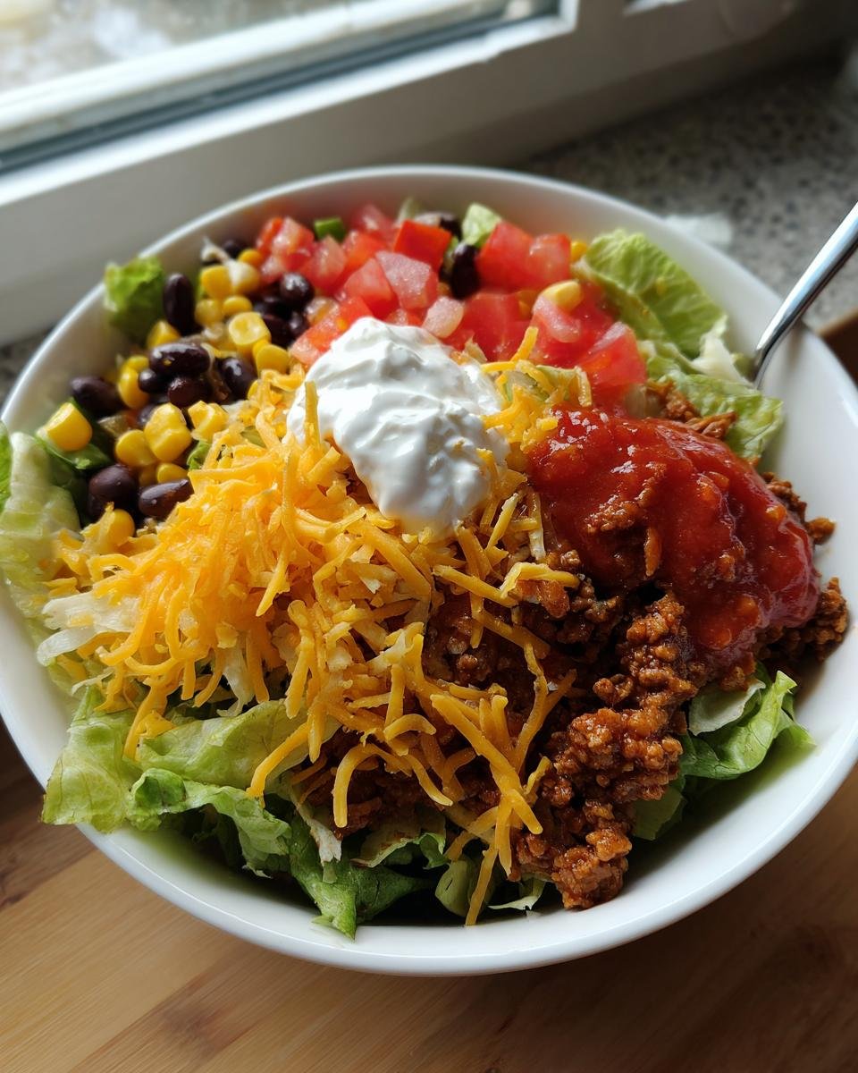 Nahaufnahme einer Sch&uuml;ssel mit Turkey Taco Salad Bowl, belegt mit Hackfleisch, K&auml;se, Salsa und saurer Sahne.