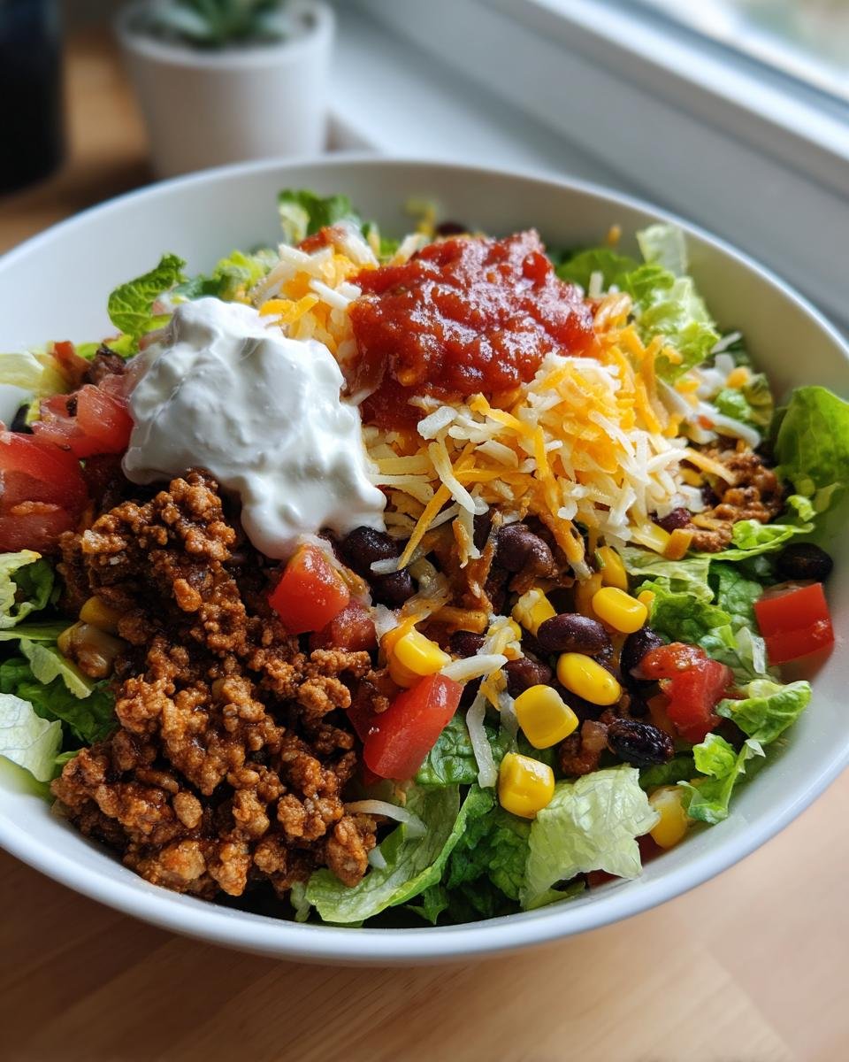 Nahaufnahme eines fertigen Turkey Taco Salad Bowl mit Hackfleisch, Salat, K&auml;se, Salsa und Sauerrahm.